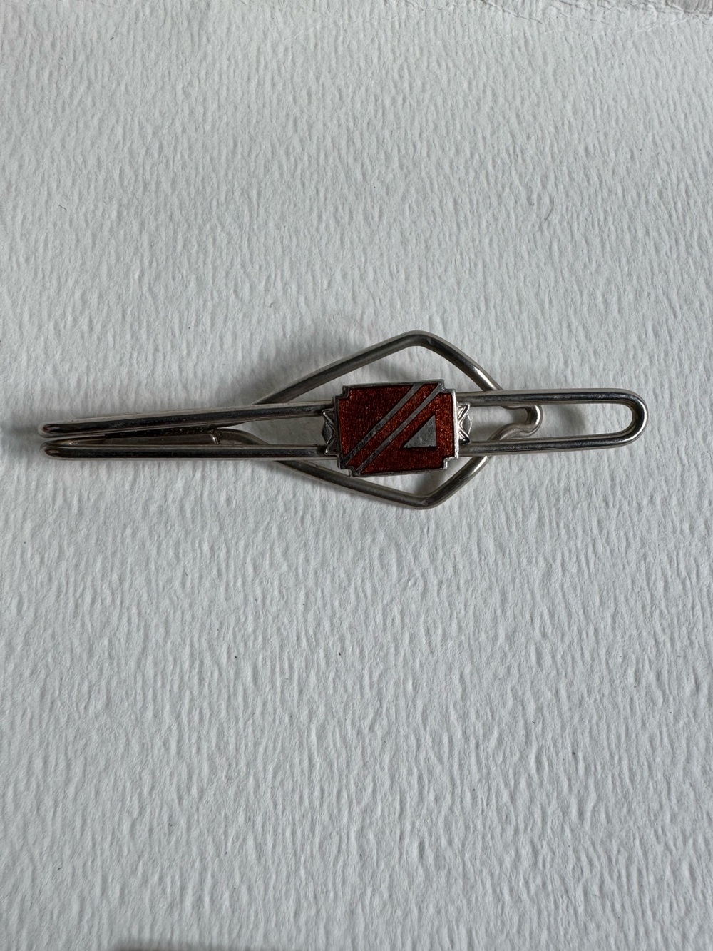 Vintage Silver Toned Tie Clip with Red Geometric Enamel Accent